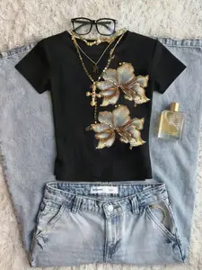 Women's Y2K Floral Sequins Embroidery Short Sleeve Slim Fit Tee, Light Luxury Punk Style Top, All-Season Fashion