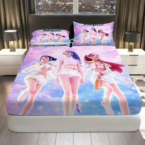 3Pcs Fantasy Anime Galaxy Fitted Sheet Three Piece Set (1*Fitted Sheet+2*Pillowcases, Coreless), Birthday theme, Demon Hunters Bedding Set, Mattress protector Soft, Breathable