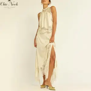 Women‘s Elegant Solid Satin Lace Patchwork 2Pcs Set Sleeveless Mock Neck Crop Tops and Long A line Skirt Sets For Streetwear