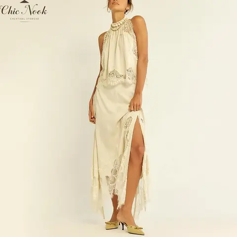 Women‘s Elegant Solid Satin Lace Patchwork 2Pcs Set Sleeveless Mock Neck Crop Tops and Long A line Skirt Sets For Streetwear