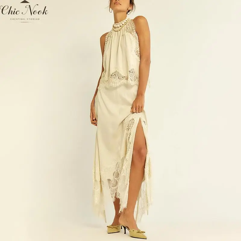 Women‘s Elegant Solid Satin Lace Patchwork 2Pcs Set Sleeveless Mock Neck Crop Tops and Long A line Skirt Sets For Streetwear
