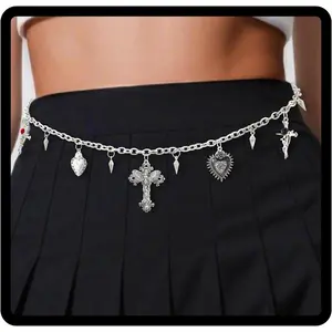 Navoky Goth Waist Chain Y2k Silver Cross Heart Belt Women Charms Skeleton Punk Body Chain for Pants and Dress