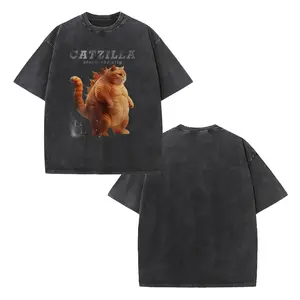 Vintage Black Catzilla T-Shirt Oversized Washed Orange Cat Godzilla Print Humor Top