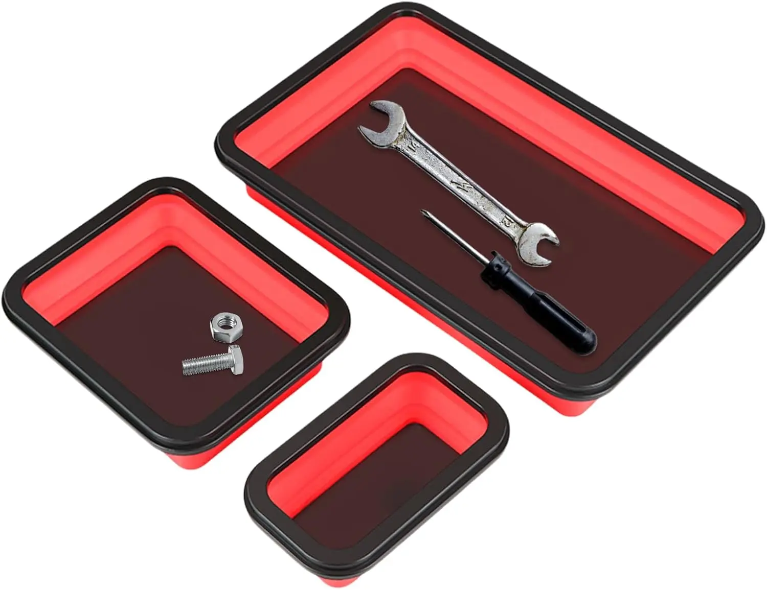 Tool Organisers 3-Piece Magnetic Tool Holder Set - Foldable Silicone Magnetic Tray with Strong Base for Organizing Small Metal Parts (Red)