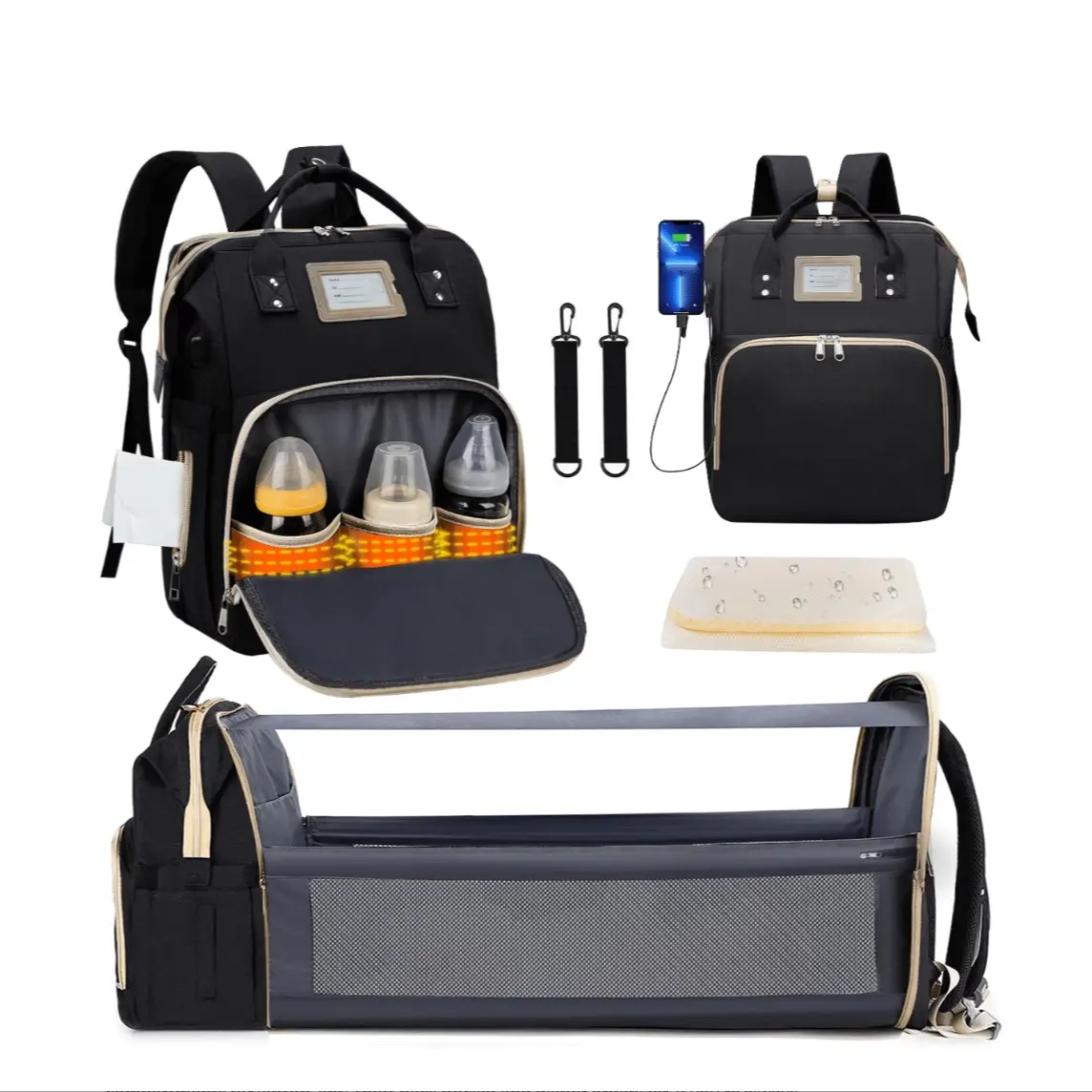 Diaper Bag Backpack, Multifunctional Baby Changing Bag with Foldable Crib & Insulated Milk Bottle Pocket, Large Capacity Travel Backpack with USB Charging Port & Stroller Strap