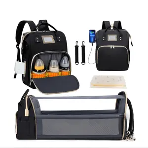 Diaper Bag Backpack, Multifunctional Baby Changing Bag with Foldable Crib & Insulated Milk Bottle Pocket, Large Capacity Travel Backpack with USB Charging Port & Stroller Strap