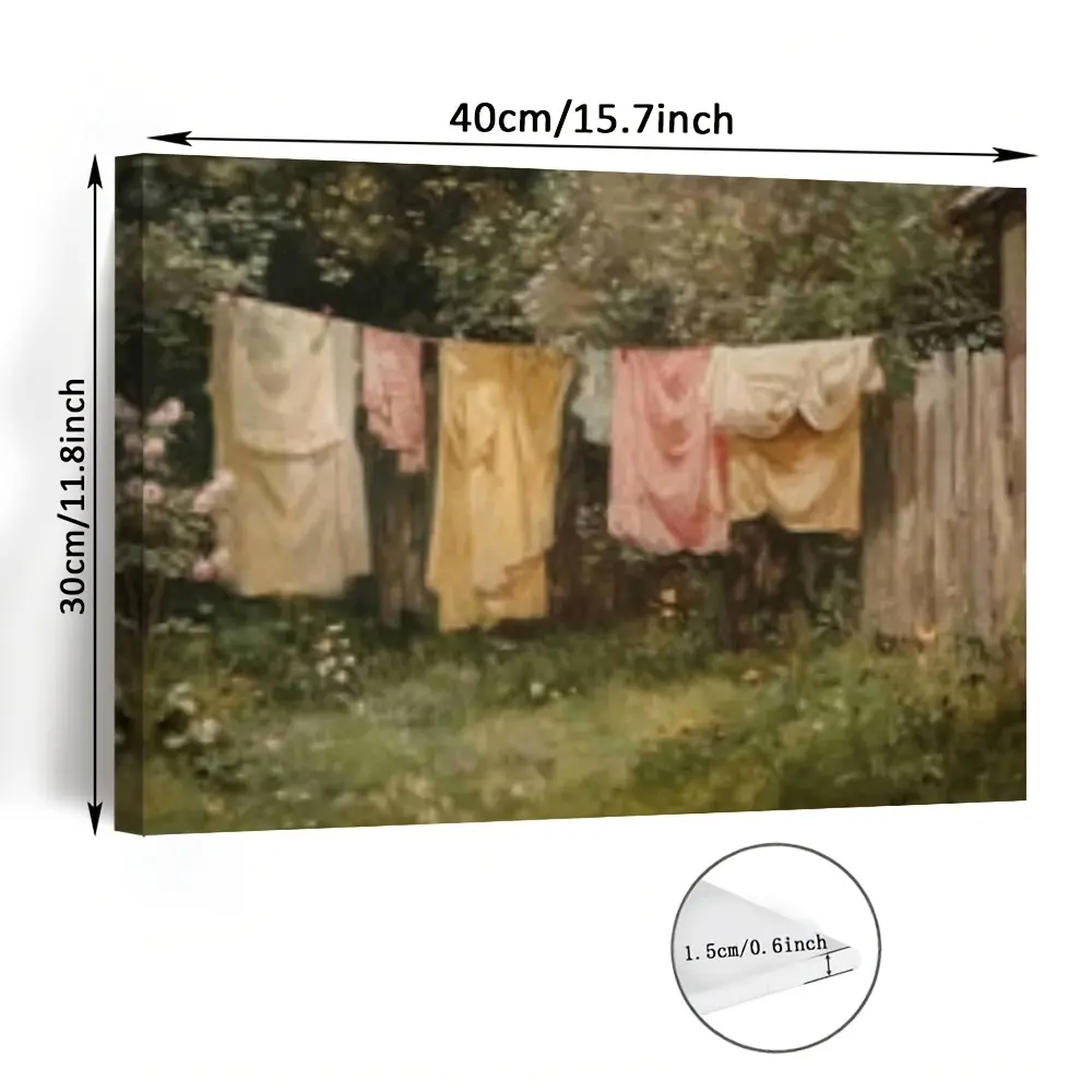 Country Farmhouse Laundry Room Wall Art Antique Clothesline Scene Canvas Print 40cm x 30cm Home Kitchen Country Style Decoration