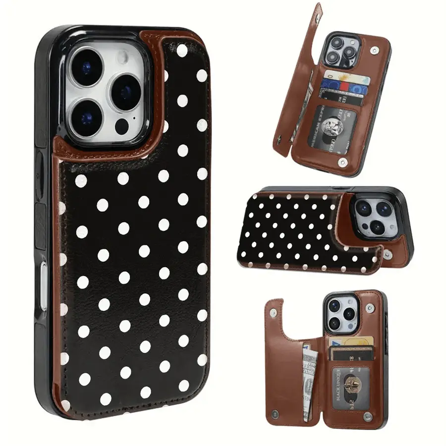 Classic Black And White Polka Dots Textured Leather Card Holder Phone Case - Compatible With The  17 Pro Max/Air/16/15/14/13/12/11 Series, As Well As The  S22/S23/S24/25 Series. It Makes An Ideal Gift For Christmas, Valentine's Day, And The New Year.
