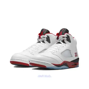 White Leather High-Top Retro Basketball Shoes with Fire Red and Black Accents
