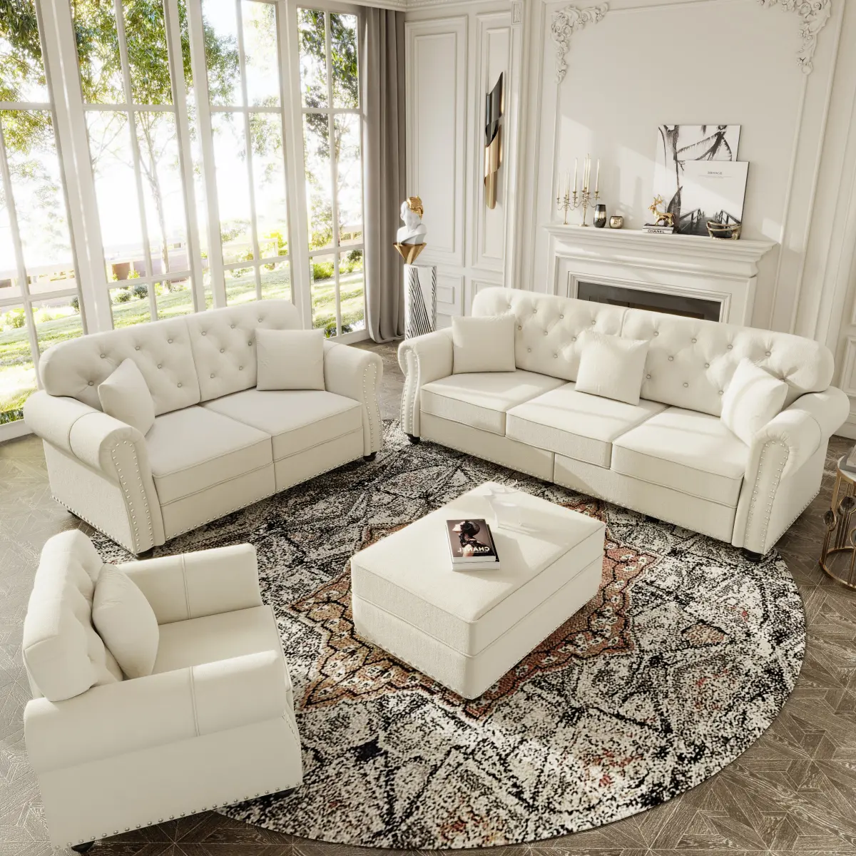 Aobtkel Plush 2-Tone Upholstered Velvet Sofa Set, Mid-Century Modern Chesterfield Sofa with Nailhead Trim, Rolled Armrests, Button Tufting, Includes 1 Ottoman, Beige/White, Plush Sofa Sets, Two-Tone Sofa Sets