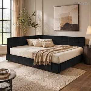 ARCH Queen Size Upholstered Tufted Bed Frame, Sofa Bed Frame with Comfortable Backrest and Armrests, Queen Size Bed for Bedroom, Living Room,Velvet, BLACK(85.5''*64.5''*30.5'')