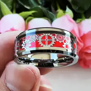 4-piece steampunk-style silver 304 stainless steel ring set with exquisite gear design and black/red/blue/purple carbon fiber inlay - Fashionable unisex jewelry set, suitable for anniversary, wedding, party and birthday gifts