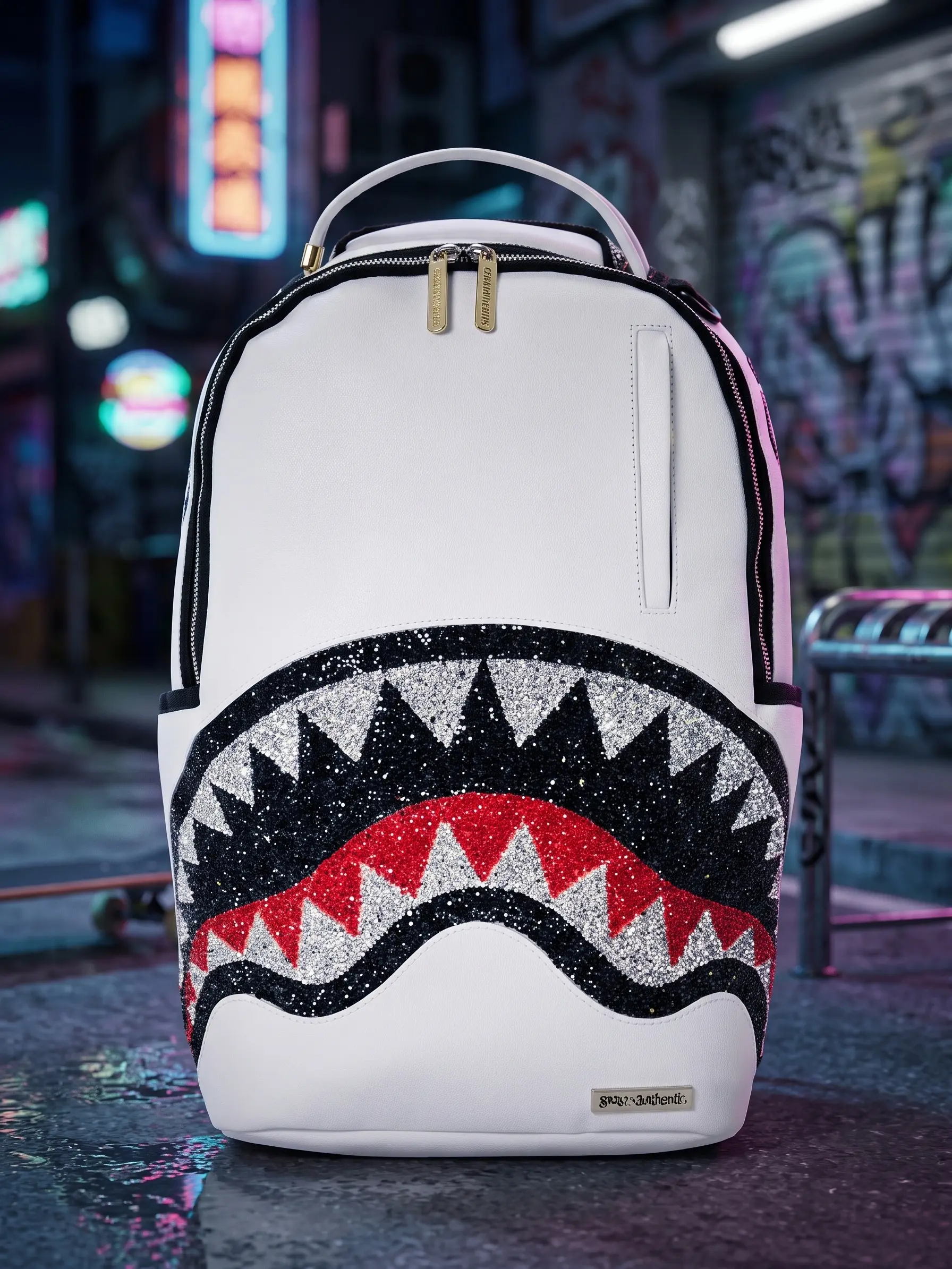 SG White Glitter Shark-Mouth Backpack - Durable Large-Capacity Street Fashion Laptop Daypack for Men, Women's School & Travel Use