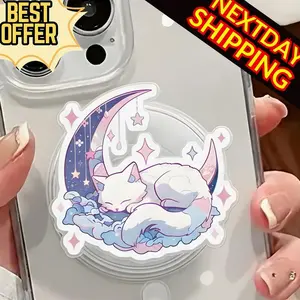 Moon Cat Dreaming MagSafe Phone Grip: Kawaii Sleeping Cat Magnetic Kindle Holder, Pastel Night Sky Griptok, Cute Gift For Teen & Cat Lover