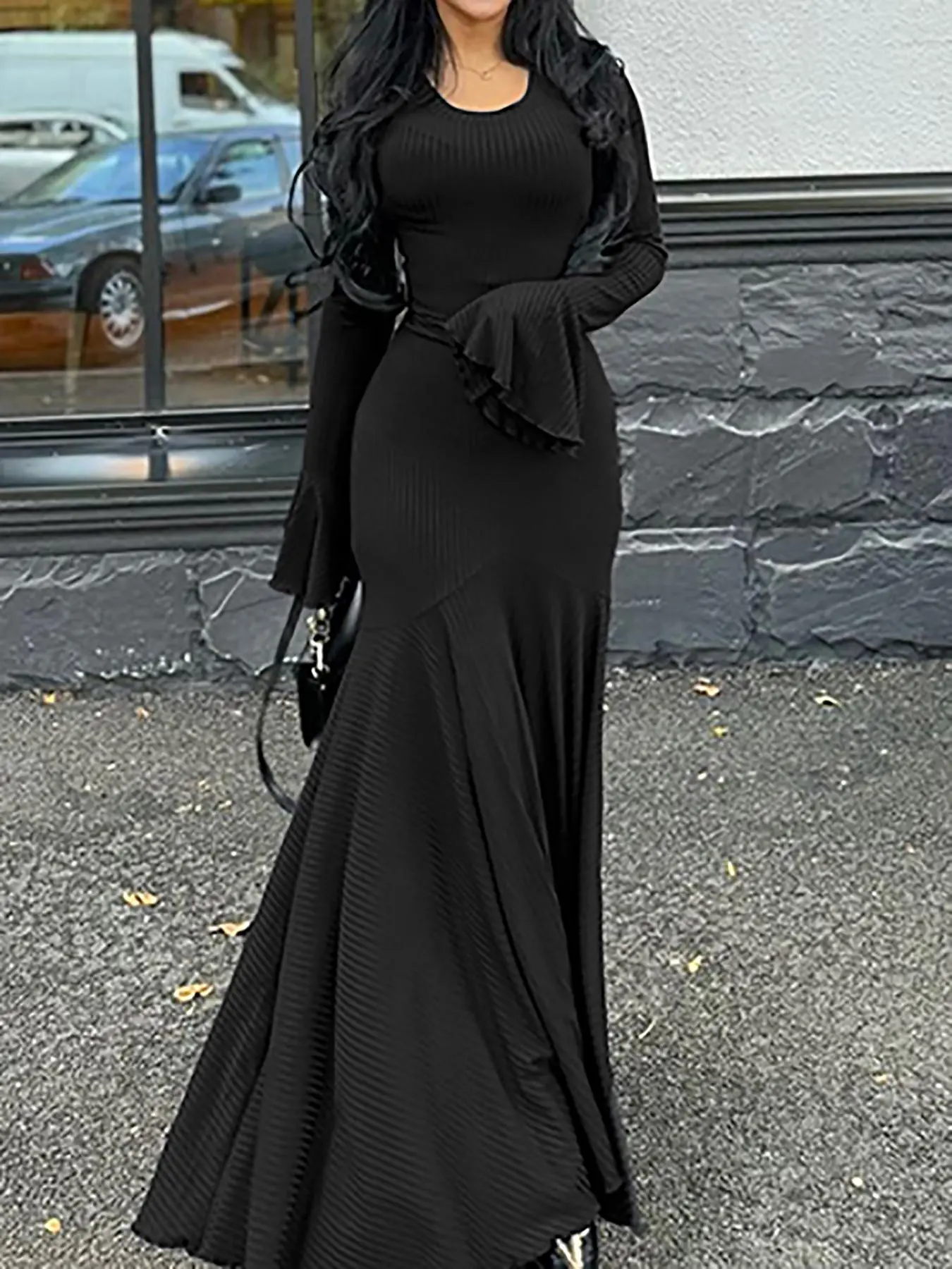 Women's Plain Lace Up Flounce Sleeve Dress, Modest Style Dress, Modesty Casual Round Neck Long Sleeve Maxi Dress for Spring & Fall, Maxi Slip Dress, Modest Solid Color Dress, Modest Dresses - Women's Plain Lace Up Flounce Sleeve Dress, Modest Style Dress, Modesty Casual Round Neck Long Sleeve Maxi Dress for Spring & Fall, Maxi Slip Dress, Modest Solid Color Dress, Modest Dresses -