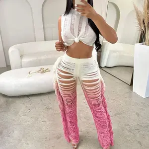 two-piece set woman Gradient Color Crochet Two Piece Set for Women Beachwear Knit Crop Top and Wide Leg Pants Tassel Hollow Out Hole Vacation Outfit