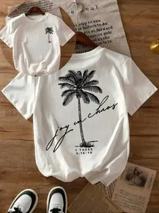 Women's Palm Tree Print Tee, Casual Short Sleeve Round Neck T-shirt for Daily Wear, Ladies Sleepwear for All Seasons, Top