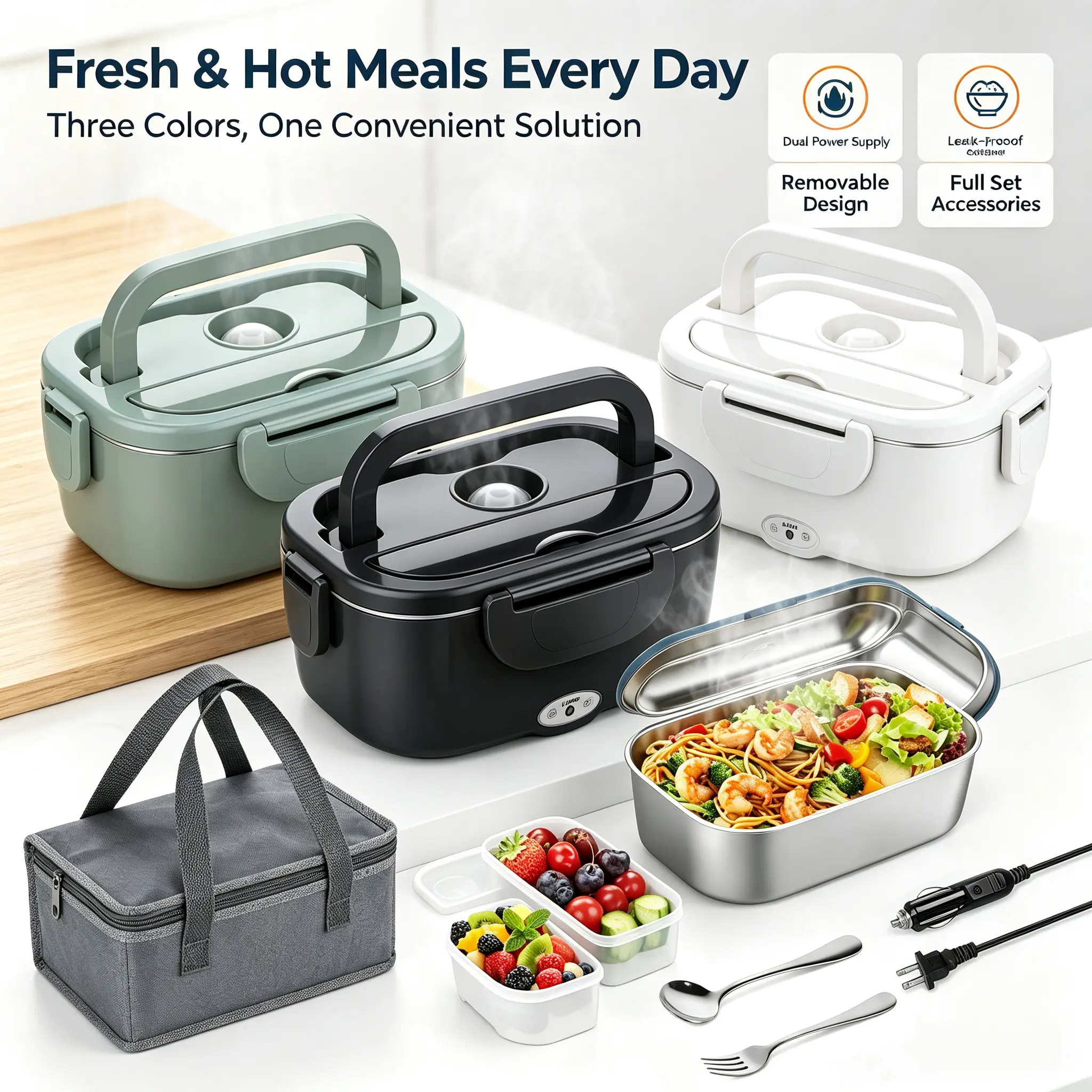 Portable Electric Lunchbox Kit Insulated Lunch Bag Bento Meal Prep System for Adults - Compact Cooler Bag with To-Go Food Storage Containers, Temperature Control for Camping, Hiking Tableware Set