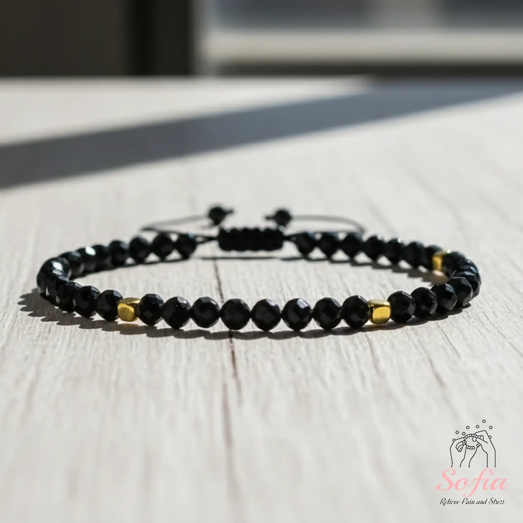 Sofia Natural Spinel Faceted Stone Beaded Bracelet Black Crystal Braided Dainty Handmade Boho Style for Daily Use Minimalist Adjustable Fit 6-7.5 Inches