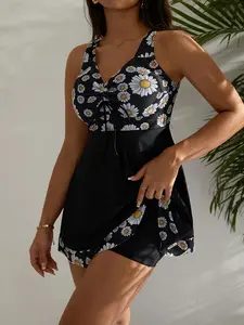 Elegant Daisy Print Women's Swimsuit Tankini Two-Piece Set, Flower Print Tankini, Floral Tankini Set, Fashionable and Stylish Beachwear, Perfect for Summer Vacations, Tropical Print Tankini