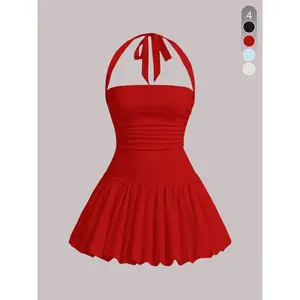 Women’s solid-color pleated shoulder-strap skater dress with a cute bubble hem, casual summer halter-neck design, fashionable slim fit for a sexy everyday outdoor look