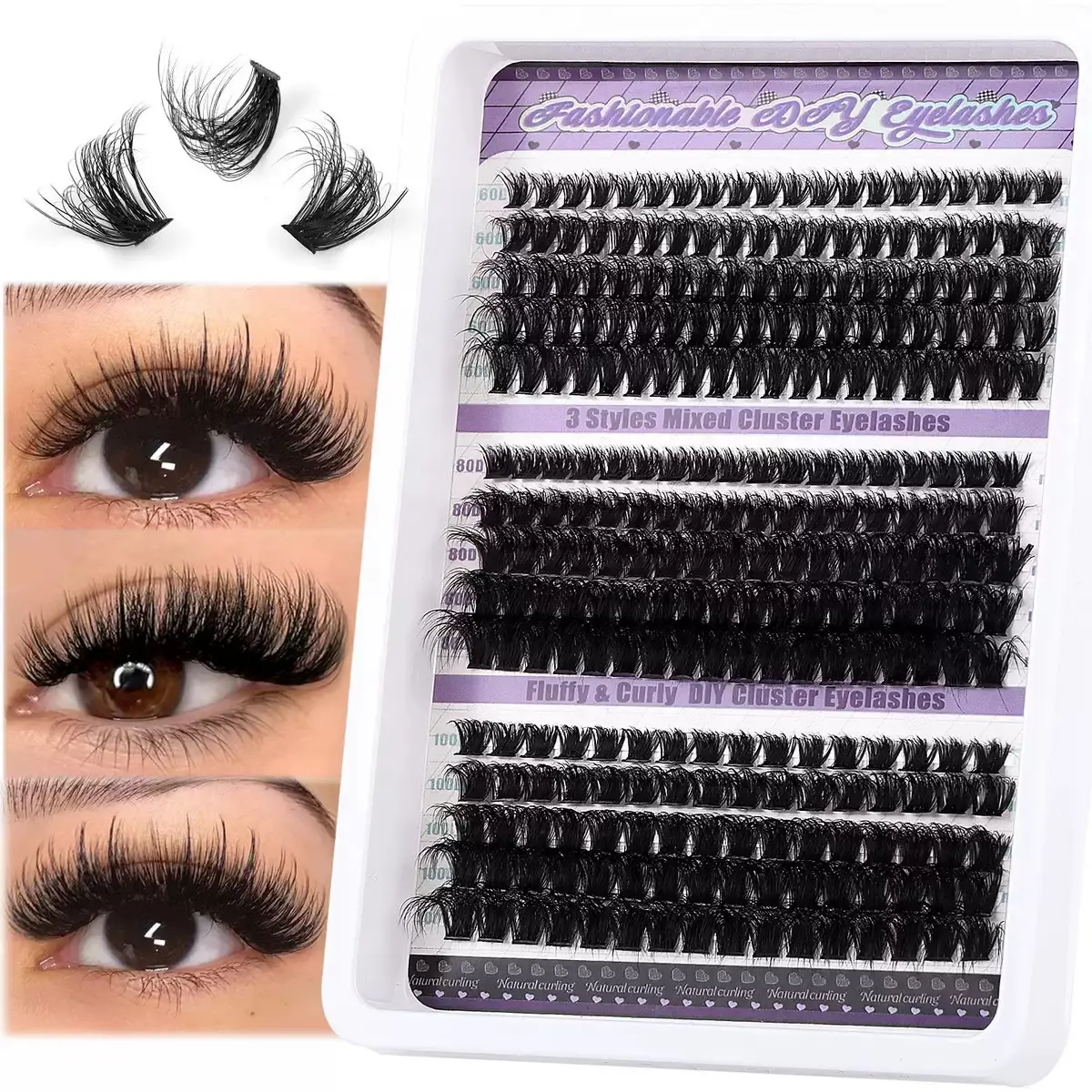 Lash Cluster Tray, 270 Pcs Reusable Fluffy Volume Lash Extensions, D Curl with 60D 80D 100D Mixed Densities for DIY Makeup, Eyelash Clusters, Dramatic Lashes