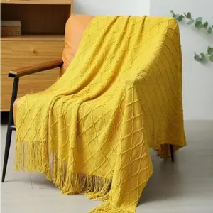 1 Piece Diamond-Shaped Pure-Color Knitted Soft Cozy Blanket, Featuring A Nordic Style With Rectangular Fringed Edges, Ideal For Office Naps, Bed Covers, Bed End Covers, And Sofa Covers, Suitable For Daily Use, Soft Comfy Blanket
