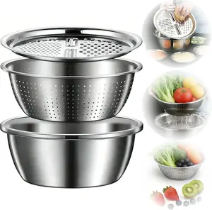 Stainless Steel Mixing Bowls Set, Grating Bowl, 3 in 1 Multifunctional Stainless Steel Basin Strainer Set with Grater, Strainer Drain Basket for Rinsing Draining Mixing (10.2"/26Cm) tongxianjianzhu