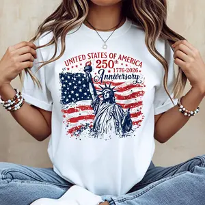 Statue Of Liberty And American Flag 250th Anniversary United States Of America 1776 2026 T Shirt White Casual Loose Fit For Everyday Wear And Outdoor Activities