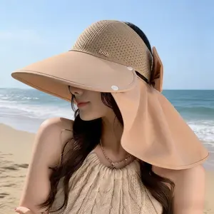 3-PACK women's bow top sun hat with detachable sun protection shawl, all-round sun protection fisherman hat with neck sun protection function, fashionable, breathable and casual ponytail hat for spring and summer sun protection