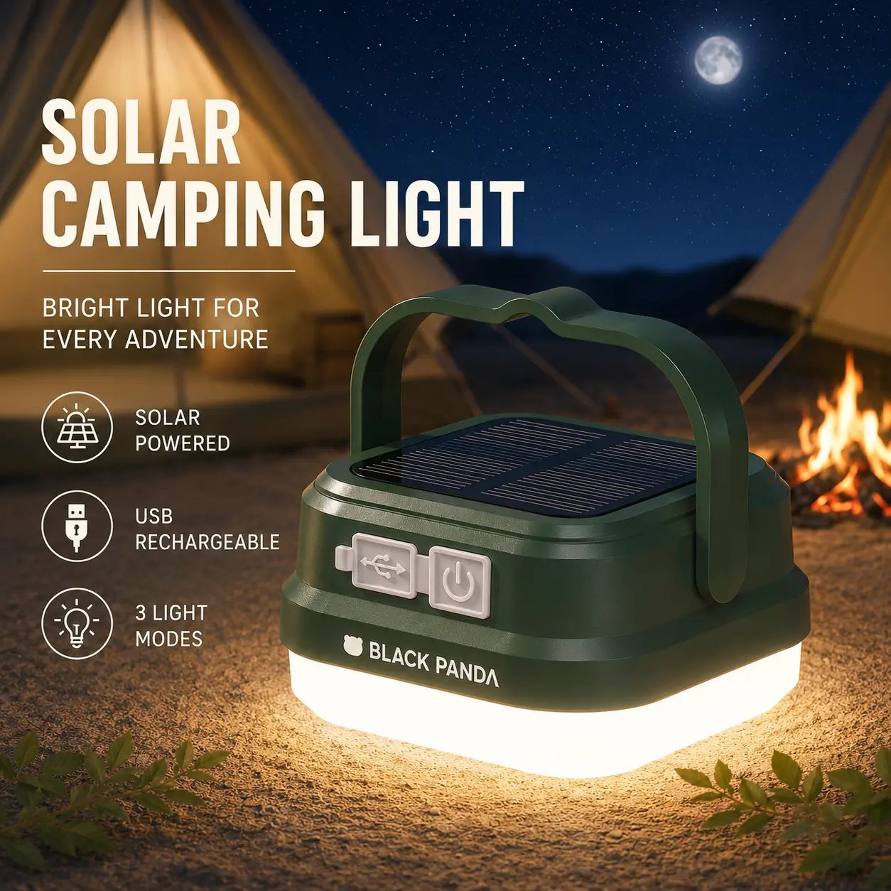 Solar Rechargeable LED Camping Lantern - USB-C Dual Charging Outdoor Tent Light, High Brightness Emergency Lamp with Multiple Lighting Modes, Rechargeable Camping Lantern