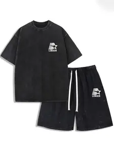 A washed retro T-shirt paired with shorts, the latest 2026 style, a fashionable street hip-hop casual outfit for both men and women, suitable for various holidays such as Women's Day and St. Patrick's Day.34