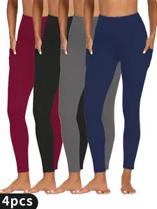 4PCS High-Waist Athletic Leggings ,Polyester Spandex Blend, High Stretch, Solid Color, All-Season, Sports Trousers for Fitness, Running, Training