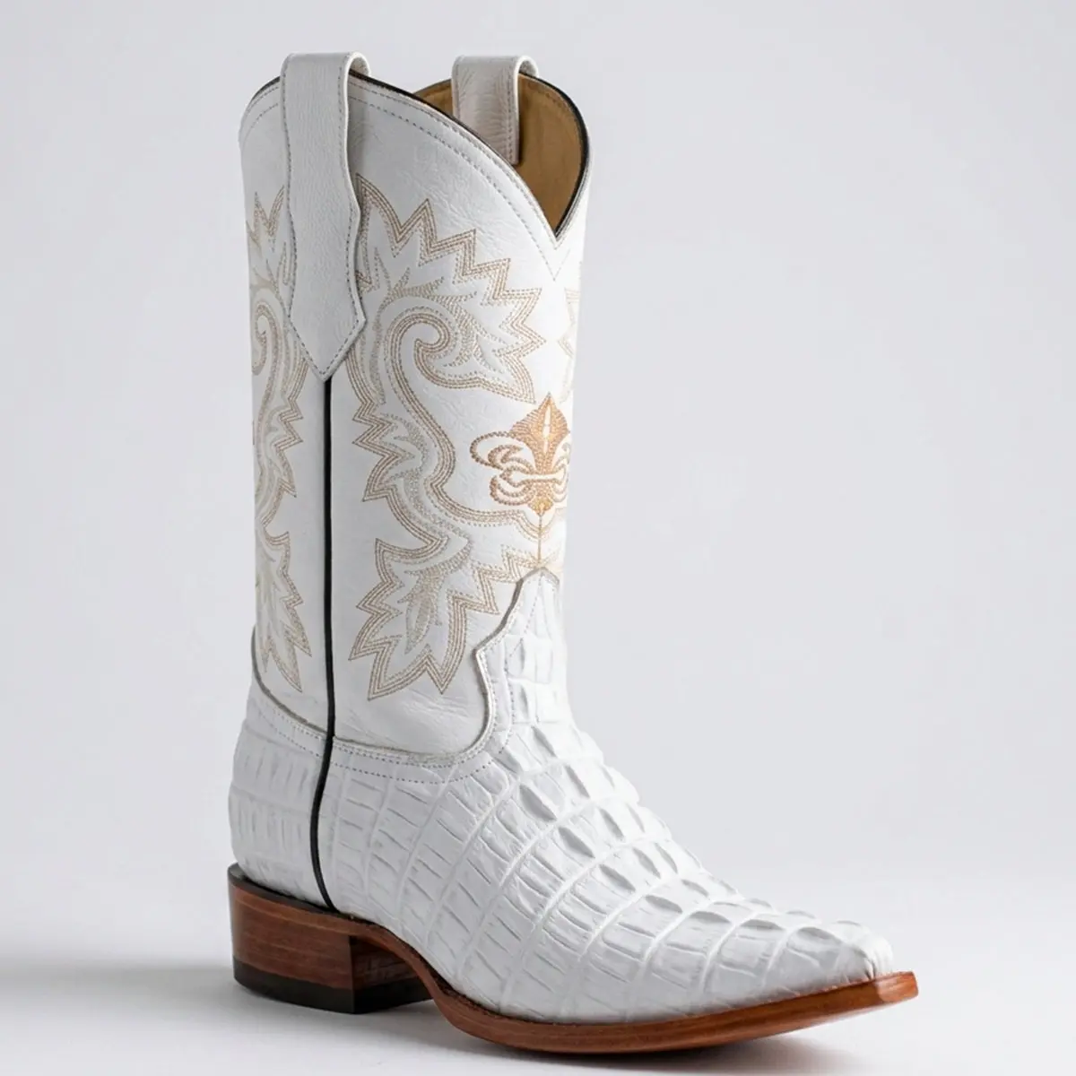 Men's White Crocodile Print Pointed Toe Cowboy Boots