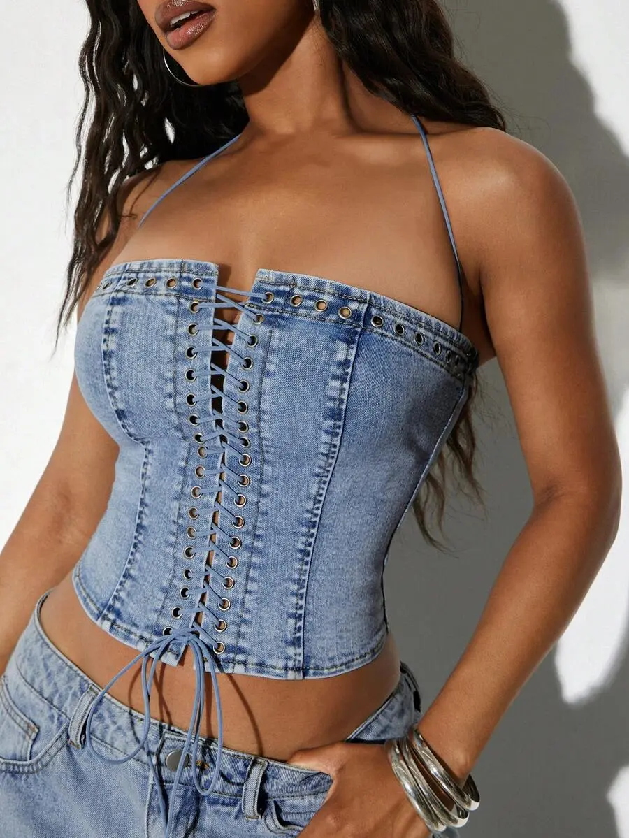 JEANDY Lace Up Grommet Denim Top Fashion Tops Sexy Tops Summer Fashion Denim Concert GNO Clubwear