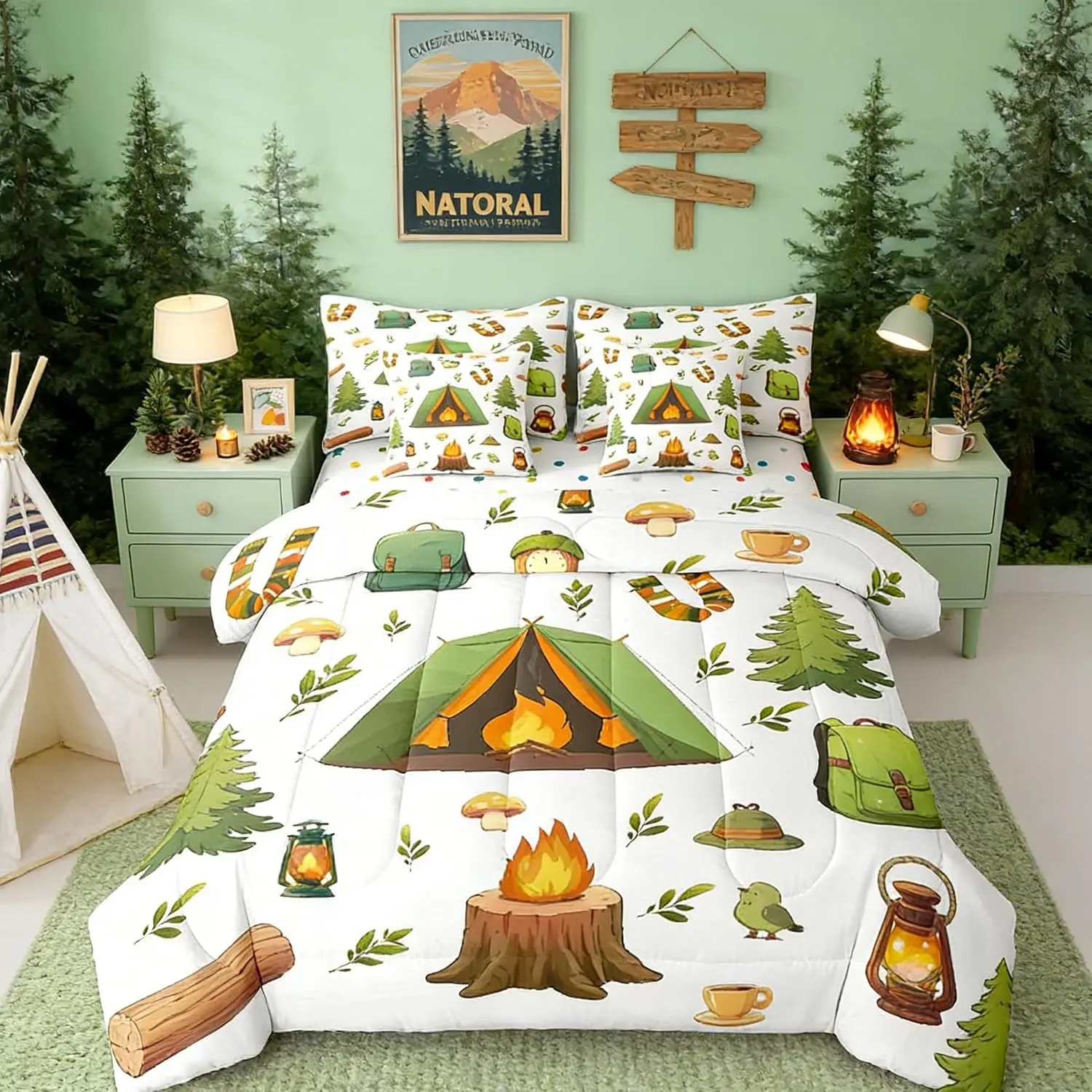 Camping Camper Comforter Set with Sheets 7 Piece Happy Camping Bed in a Bag Camper Bedding Set Bedroom Decor Breathable Soft Lightweight Microfiber