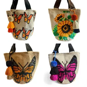 Wayuu XL Butterfly Handwoven Tote Bag Inner lining, sliding and ornament (pompom)