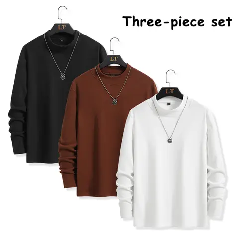Men’s mock neck long sleeve tops, 3-piece set — soft, warm basic solid-color thermal tops for everyday casual wear