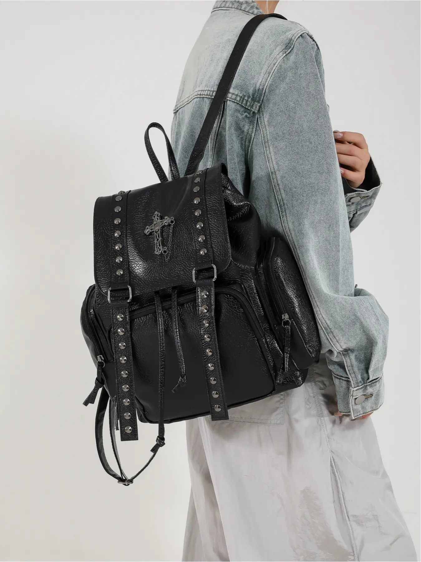 Punk Style Cross Rivet Decor Backpack, Pu Leather Backpack, Fashionable Backpack for Women & Girls, Casual Trendy Versatile High-quality Daily Commuting Bag, Stud Bookbag