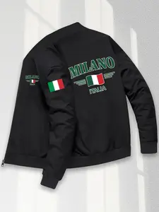 Men's Italian Theme Pilot Jacket with Flag Print, Full Zip Closure, Casual Winter Coat, Travel, Leisure, Formal Occasions