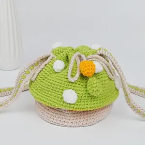 Green Crochet Mushroom Crossbody Bag, Handmade Knitted Mushroom Totes, Finished Product, Kids/Valentine's Day Gifts