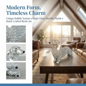 Silver Dachshund Resin Sculpture, Playful Sausage Dog Statue, Luxury Home Office Decor, Pet Lover Gift, Unique Desk Ornament