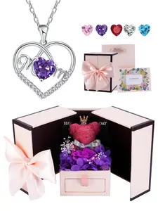 Love Heart Pendant Mom Necklace Heart Design Necklace With Moss Bear Rose Jewelry Gift Box, Heart CZ Birthstone Necklace for Mom, Mothers Day Christmas Jewelry Gift for Women from Daughter Son White