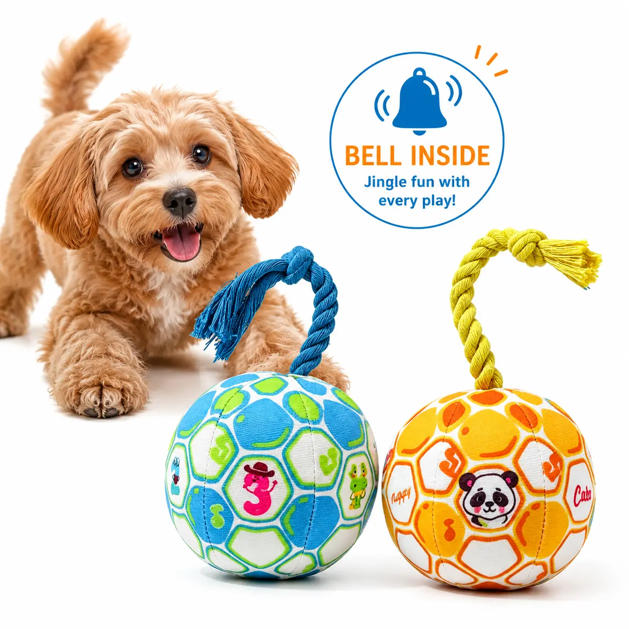 Plush Rope Dog Chew Toy Ball with Built-in Bell - Small/Medium Dog Anxiety Relief Chew & Fetch Interactive Toy for Indoor & Outdoor Play