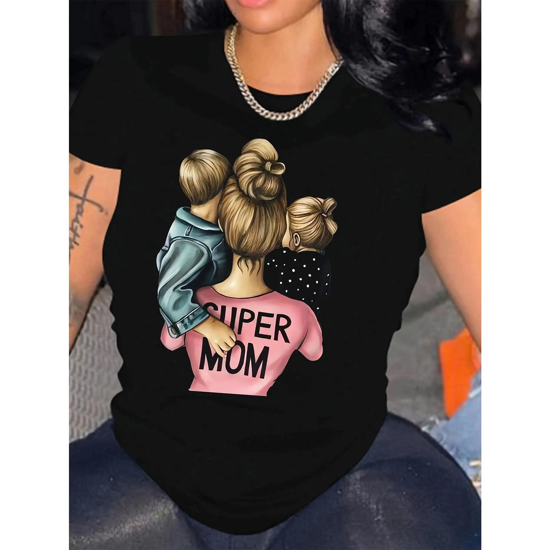 Women's Soft Cotton Casual T-Shirt - Super Mom Hugging Kids Graphic Top, Mama Relaxed Fit Short Sleeve - Proud Mommy of Boys & Girl Family Apparel, Mothers Day/Birthday Gift (Sizes S-3XL), Tshirt