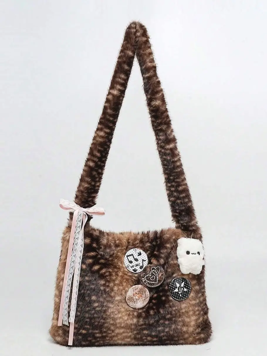 Women’s Brown Faux Fur Shoulder Bag with Pins & Plush Charm, Fuzzy Y2K Tote Purse, Cute Coquette Grunge Everyday Handbag