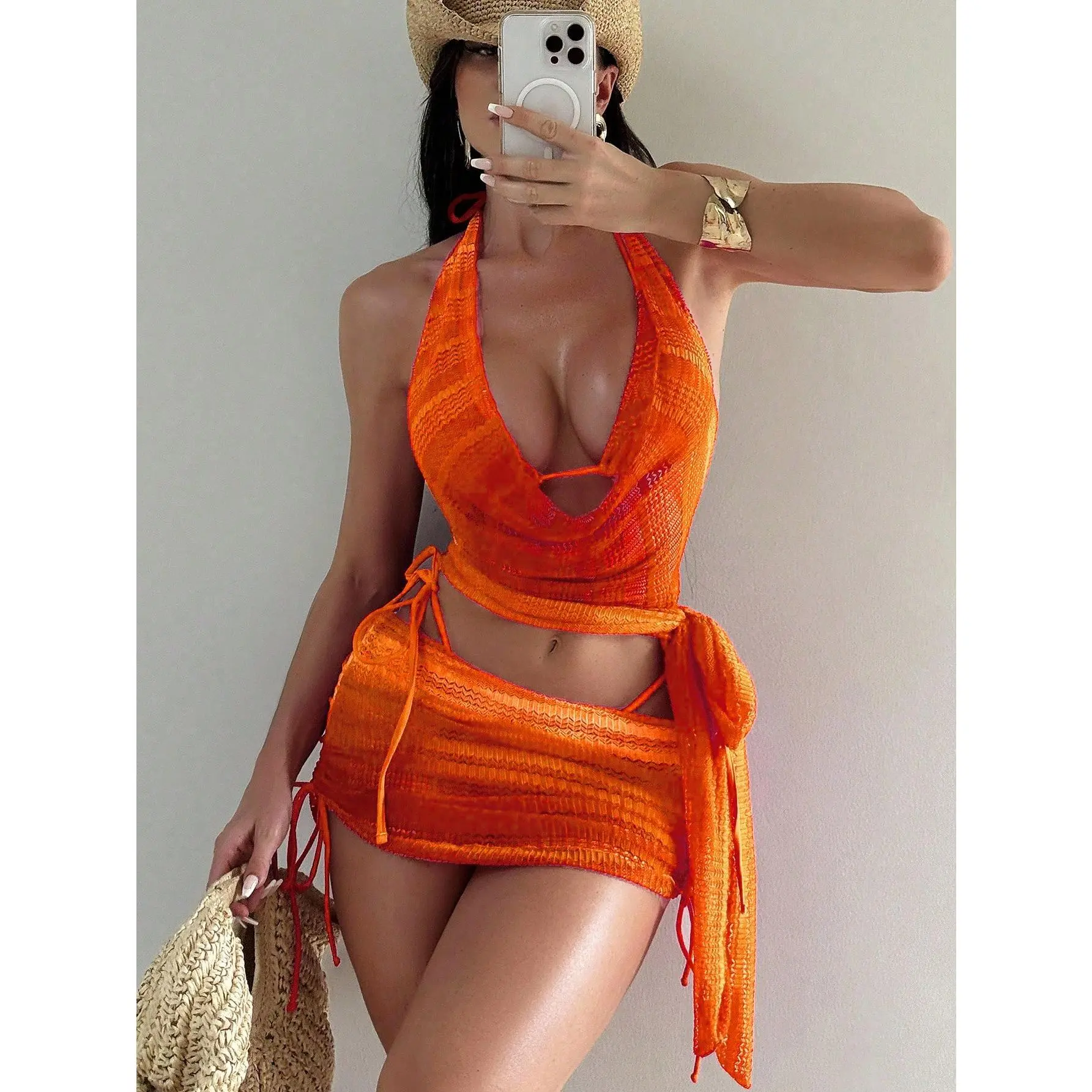 4pcs Women's New Spaghetti Strap Backless Top, Shirt With Side Tie, Tie Side Swim Shorts, And Mini Skirt Bikini Set Set, Summer