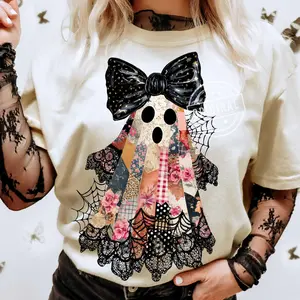 Patchwork Ghost Lace Comfort Colors Shirt, Retro Halloween Spooky Season, Coquette Fall Preppy