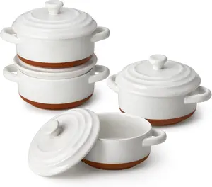 Mini Cocotte Set - 12 OZ Small Casserole Dishes for Oven, Ramekins with  and Handles, Ceramic Mini Dutch Oven Set of 4, Microwave & Dishwasher Safe, Khaki White, Series TARA