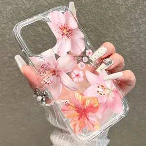Sweet Floral Lily Pearl Phone Case, Transparent Tpu Cover, Anti-Drop, Compatible with iPhone 11/12/13/14/15/16/17 Pro Max
